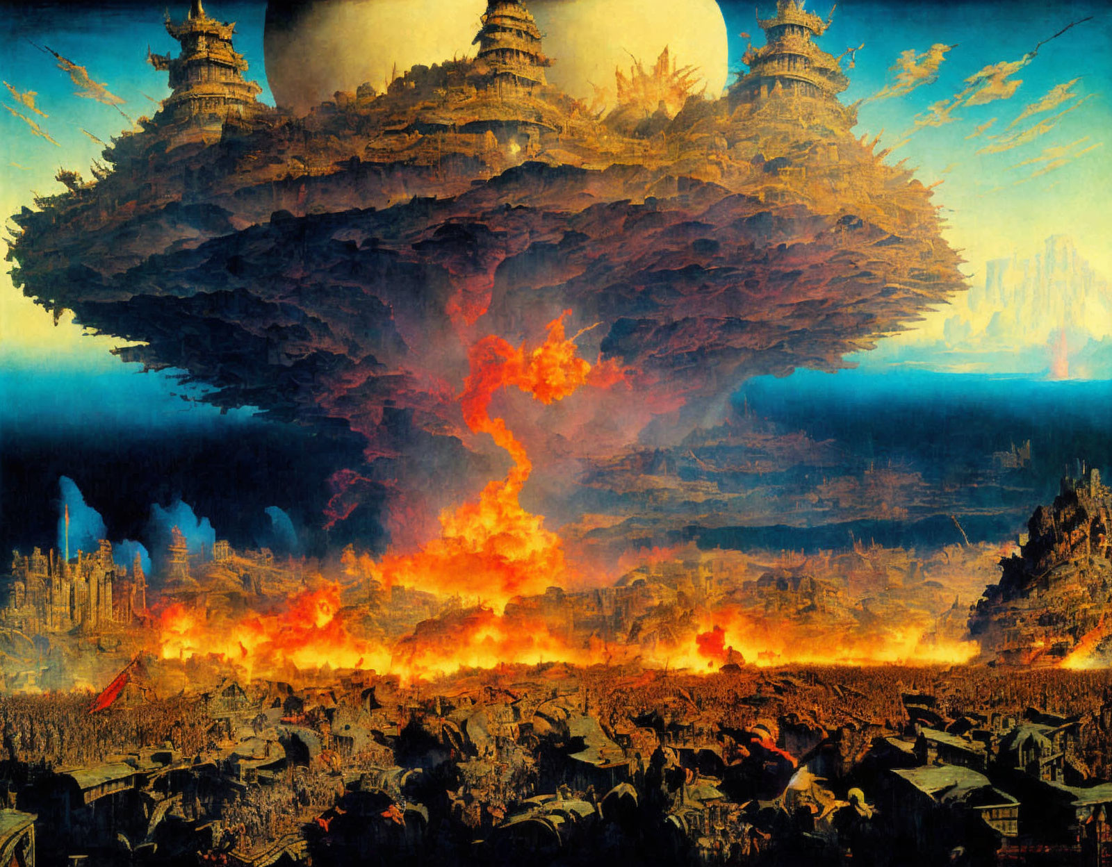 Apocalyptic painting: Flaming city under colossal floating structure