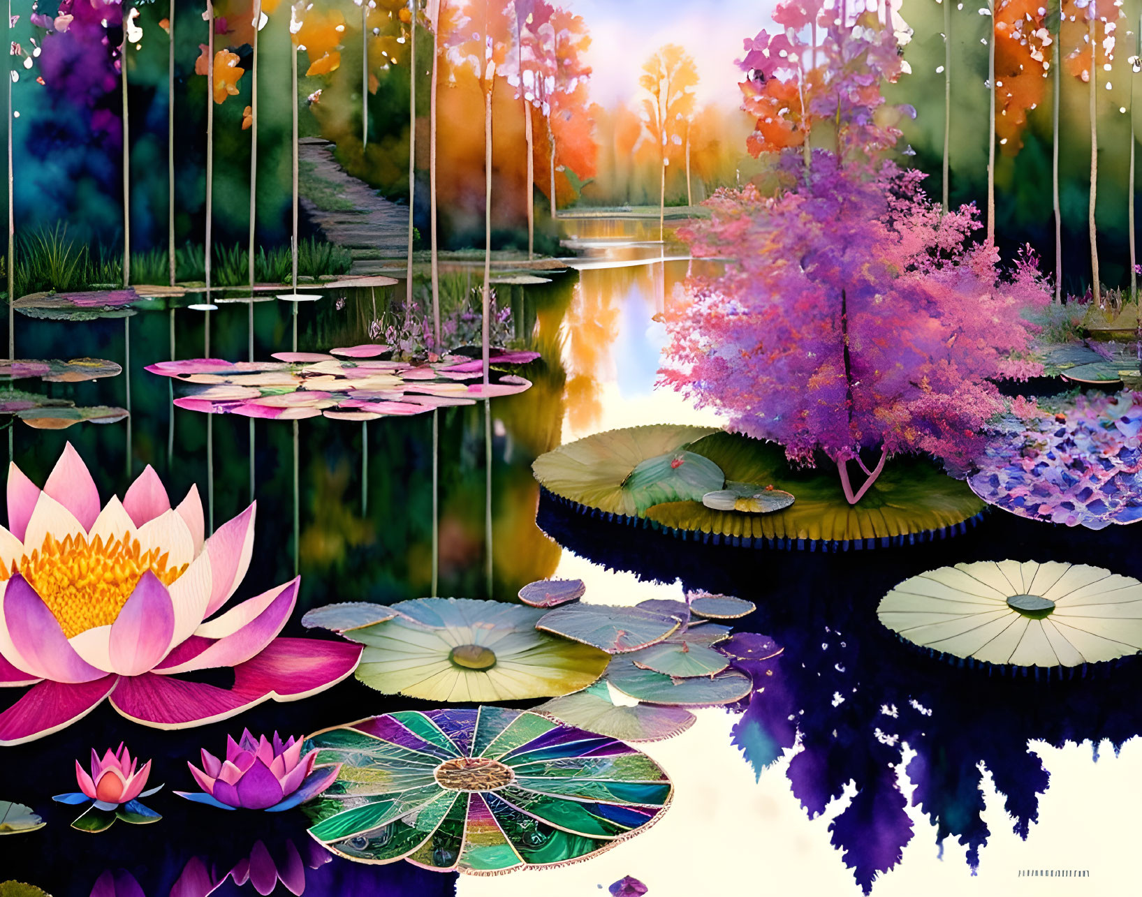 Colorful illustration of serene pond with lily pads and lotus flowers, autumn trees reflecting on water