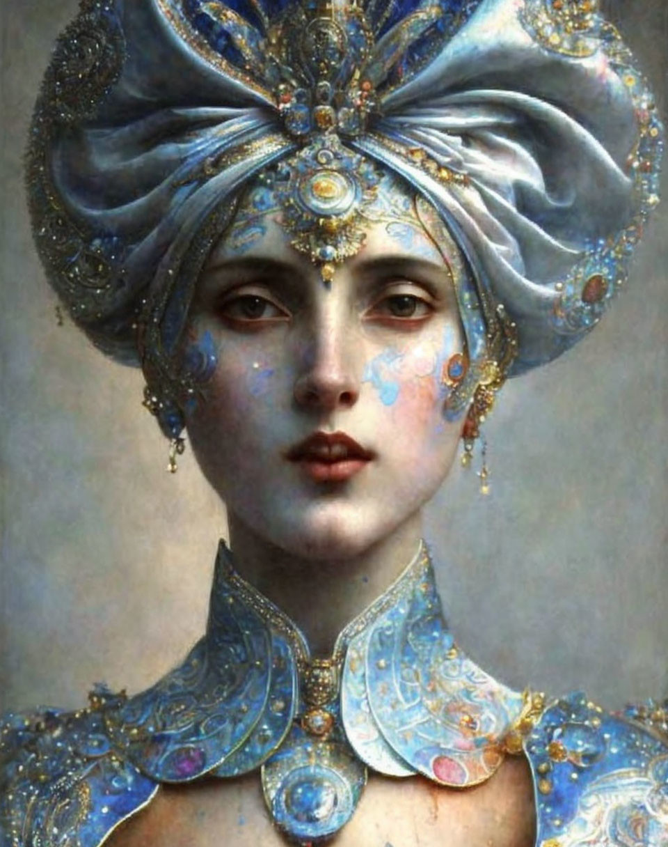 Portrait of woman with pale skin in blue and gold turban headpiece