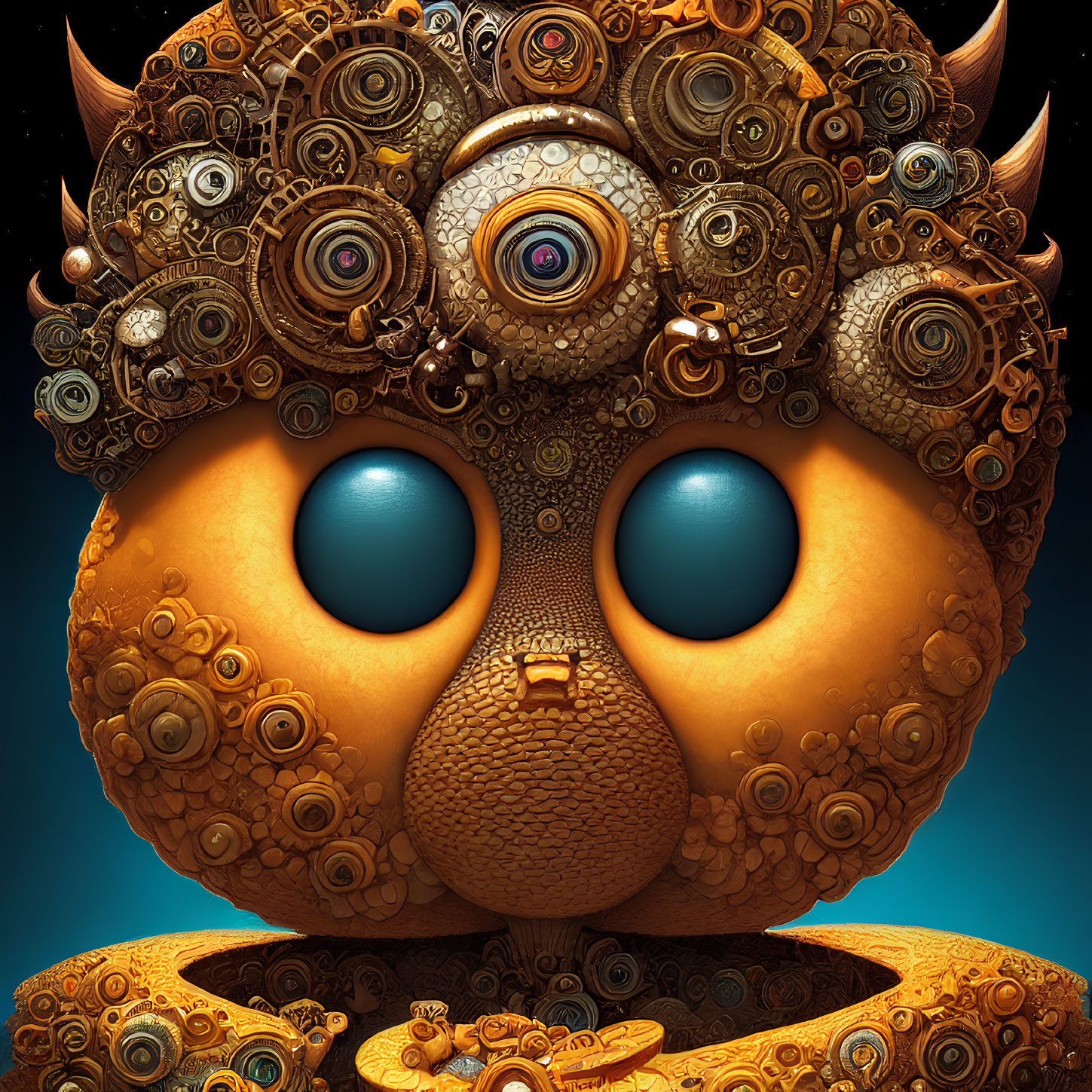 Surreal illustration of character with large eyes and mouth and golden crown-like structure