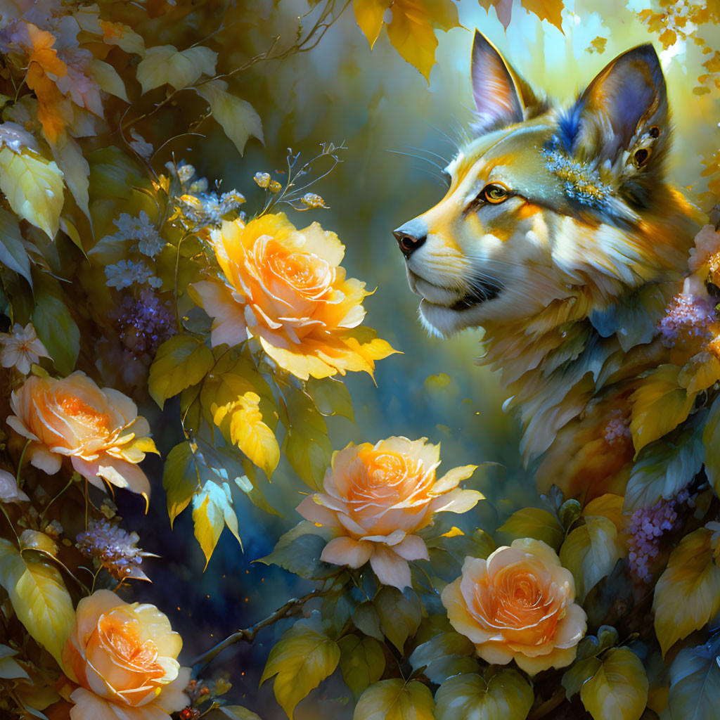 Mystical fox with orange roses and lush foliage