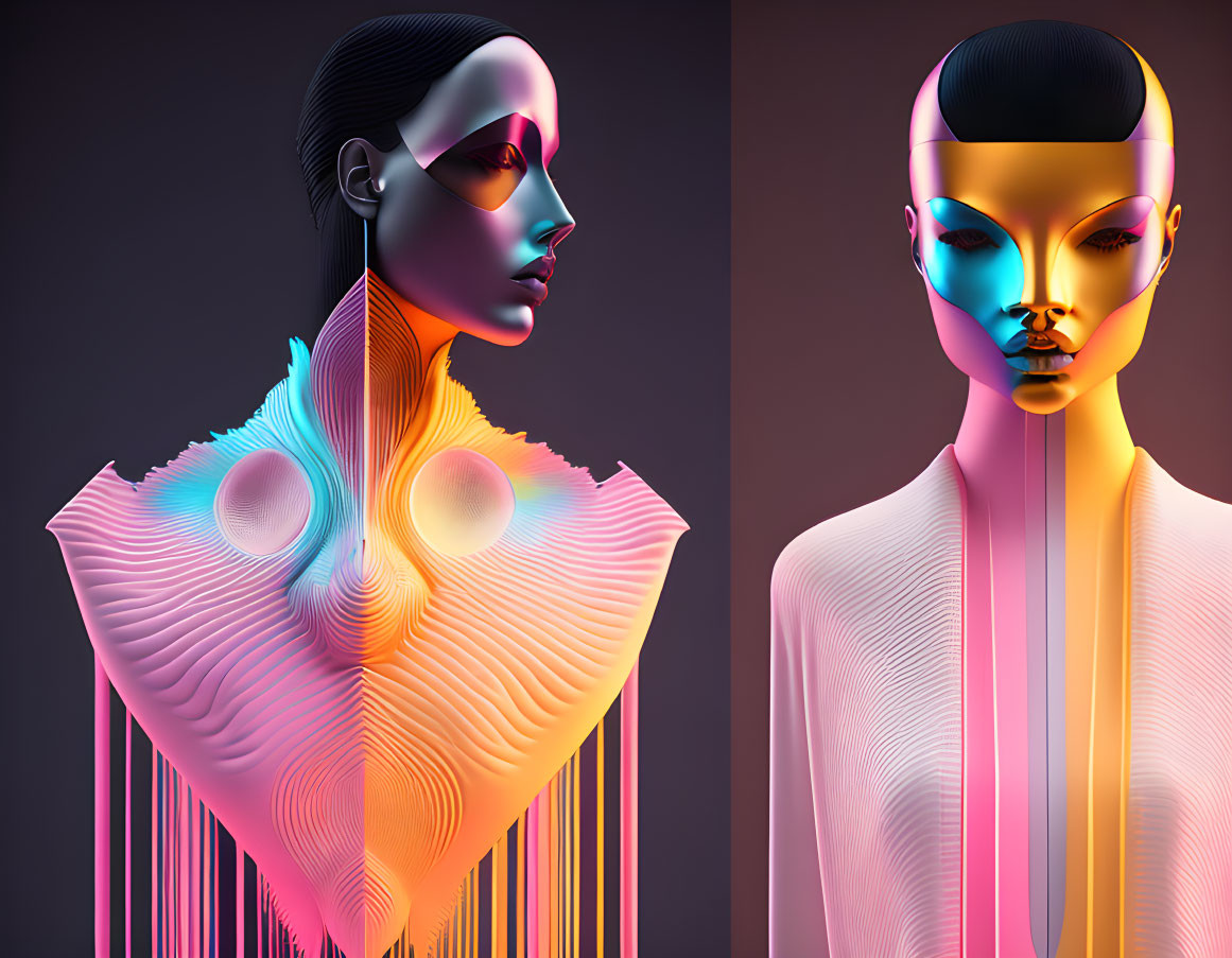 Futuristic female figures with sleek hairstyles and neon-colored skin on dark background