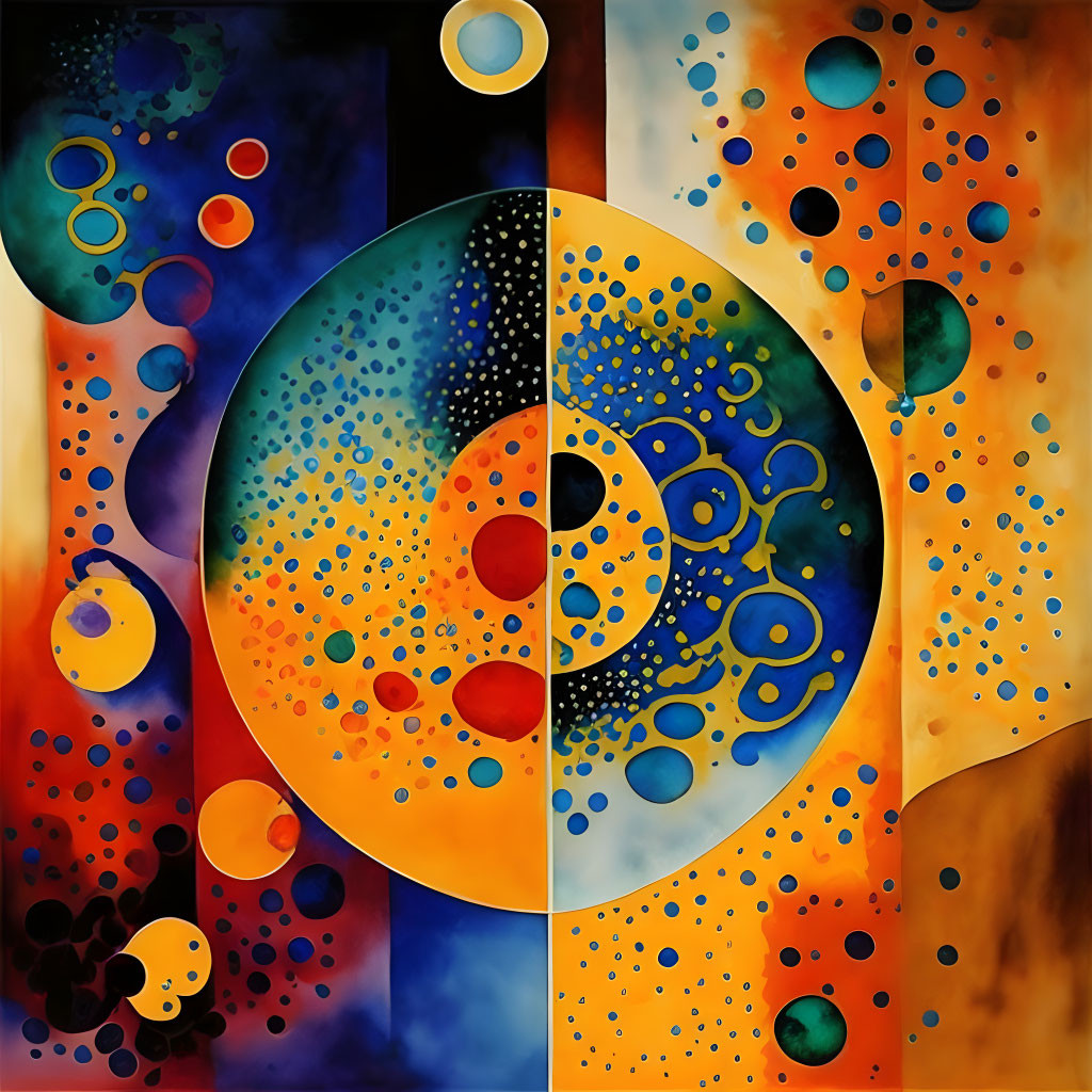 Vivid yin-yang motif in abstract painting with blues, reds, and oranges