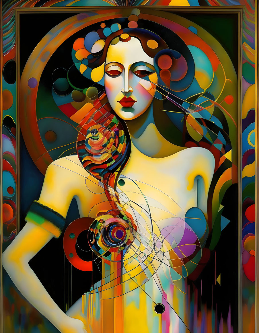 Colorful abstract portrait of female figure blending Art Nouveau with modern surrealism