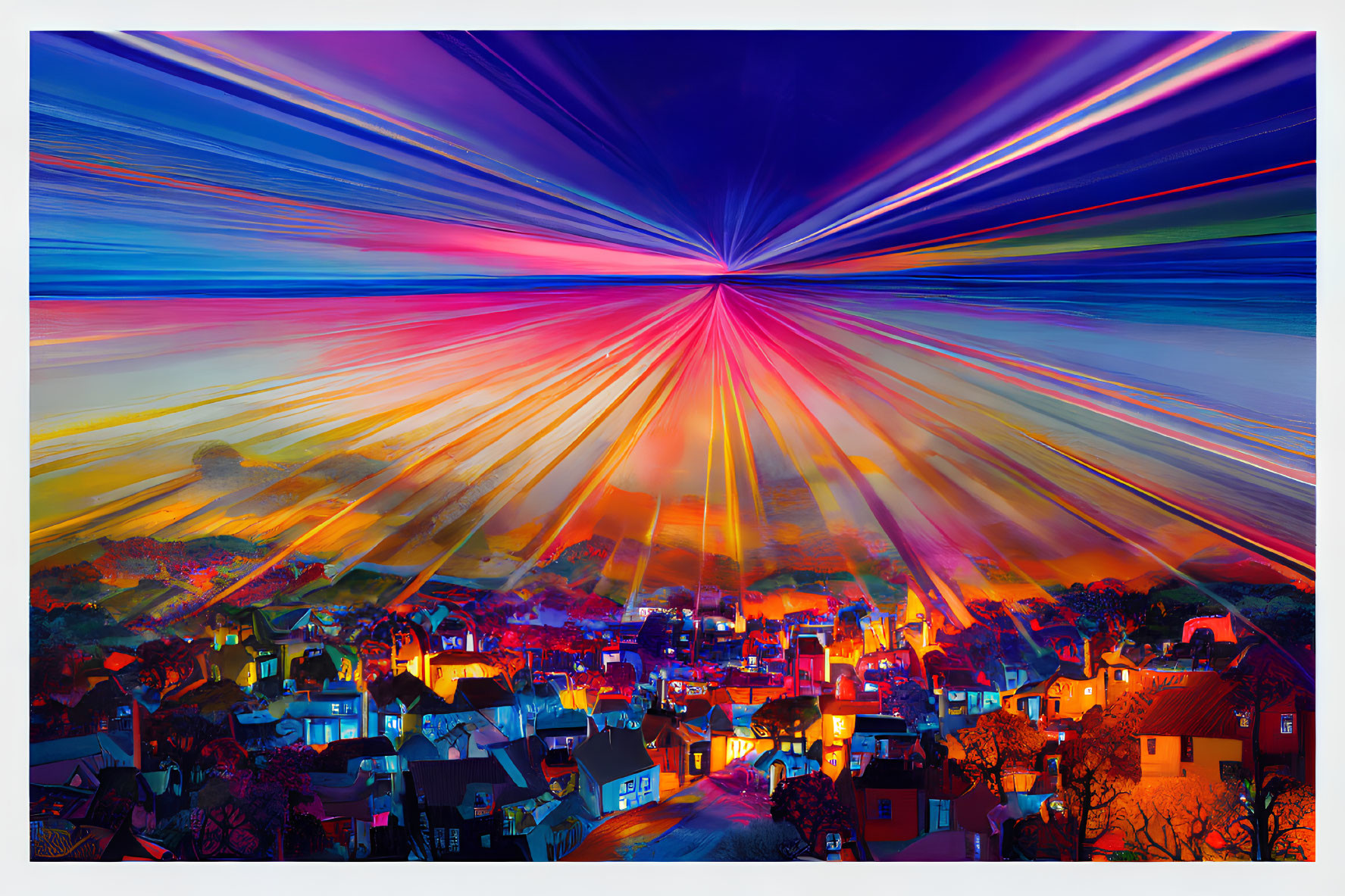 Colorful Sunset Digital Artwork with Dynamic Light Rays and Stylized Town