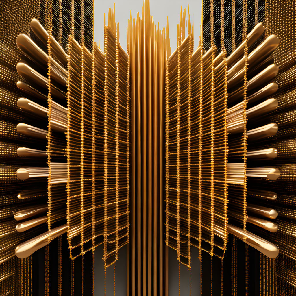 Symmetrical golden rods with central spire on dark background