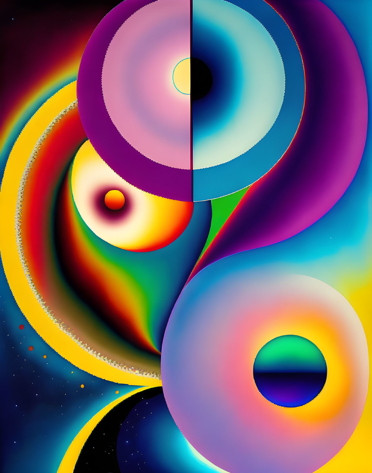 Vibrant swirling shapes in purple and orange hues with cosmic background