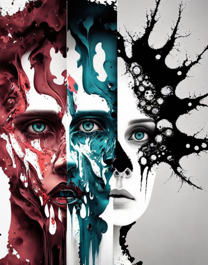 Split graphic image: vivid red/blue paint-drenched face & monochrome face with black paint splatter