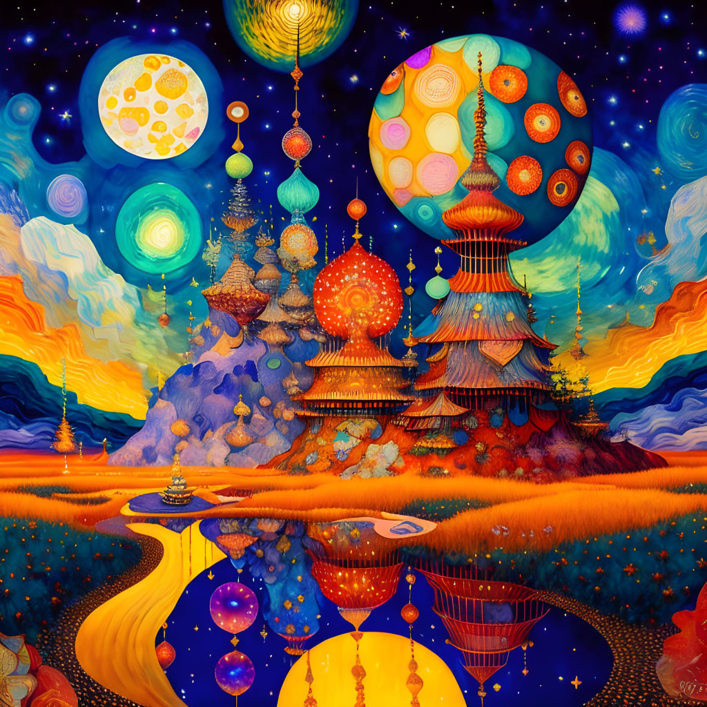 Fantastical landscape with whimsical buildings and colorful celestial bodies