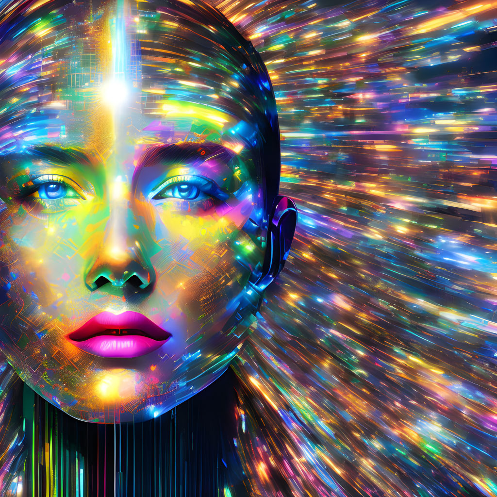 Colorful digital portrait of female face with neon colors and cosmic background