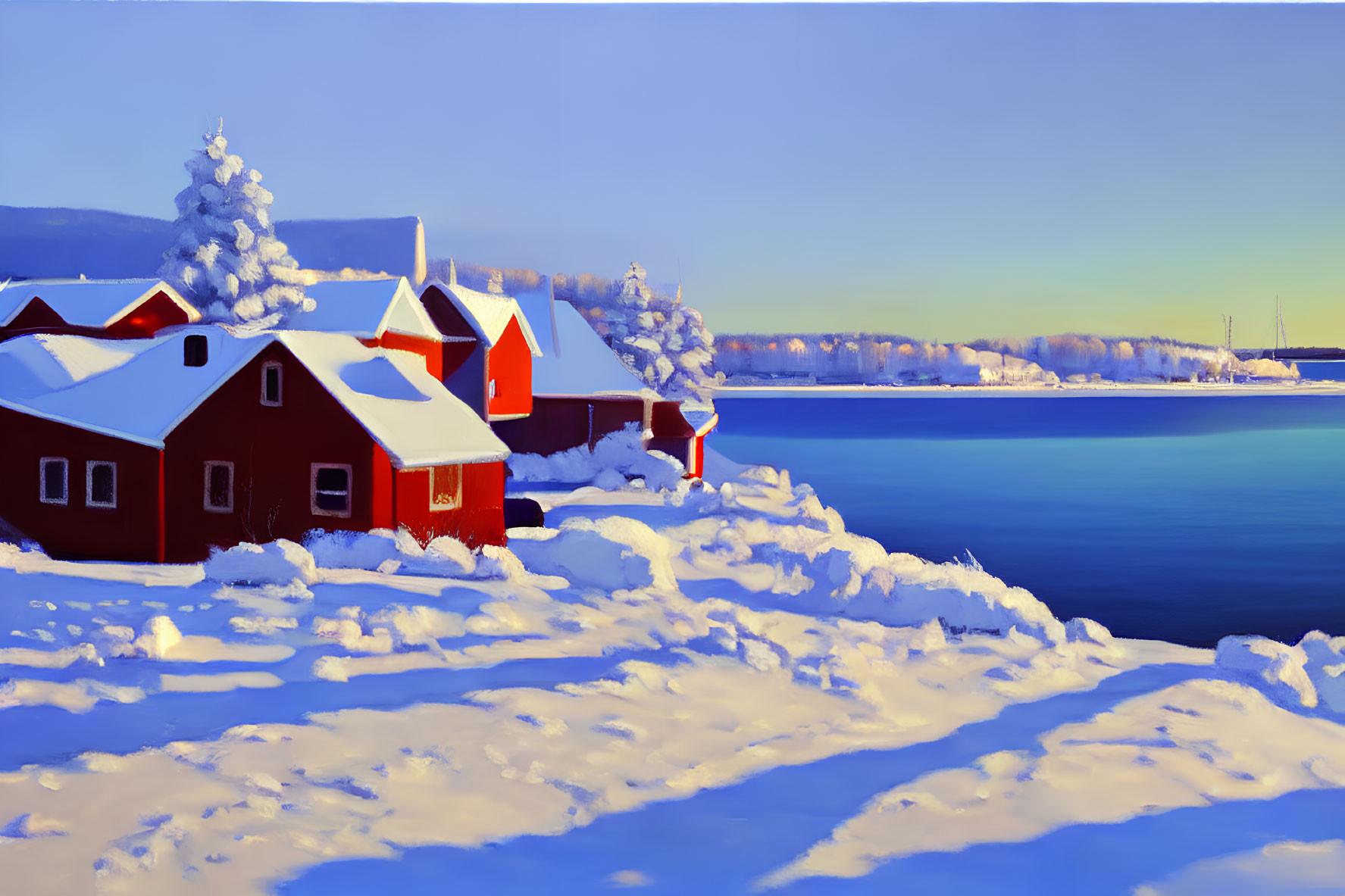 Snow-covered red wooden buildings by blue river under clear sky