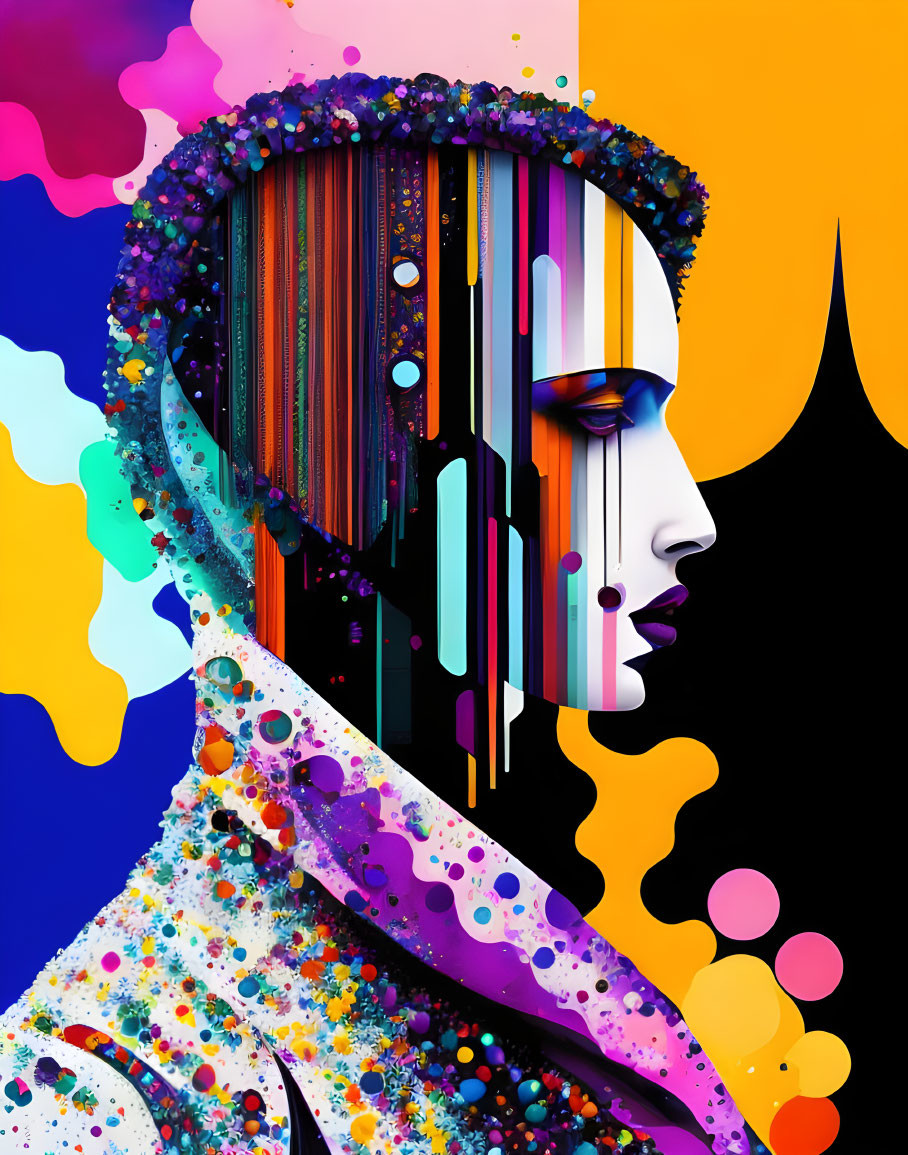 Vibrant digital art: profile portrait with dripping paint effect