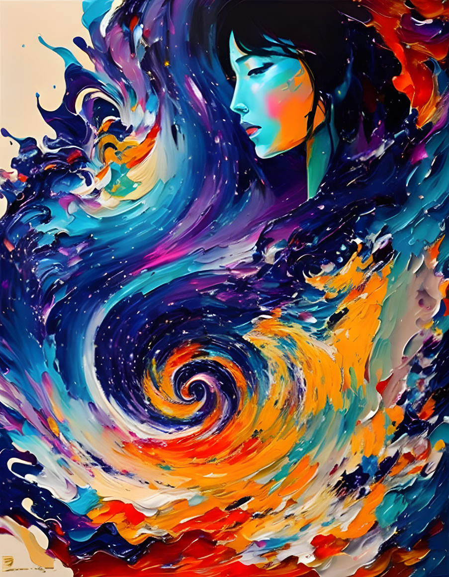 Colorful Abstract Painting: Woman with Blue Skin in Galaxy-like Surroundings