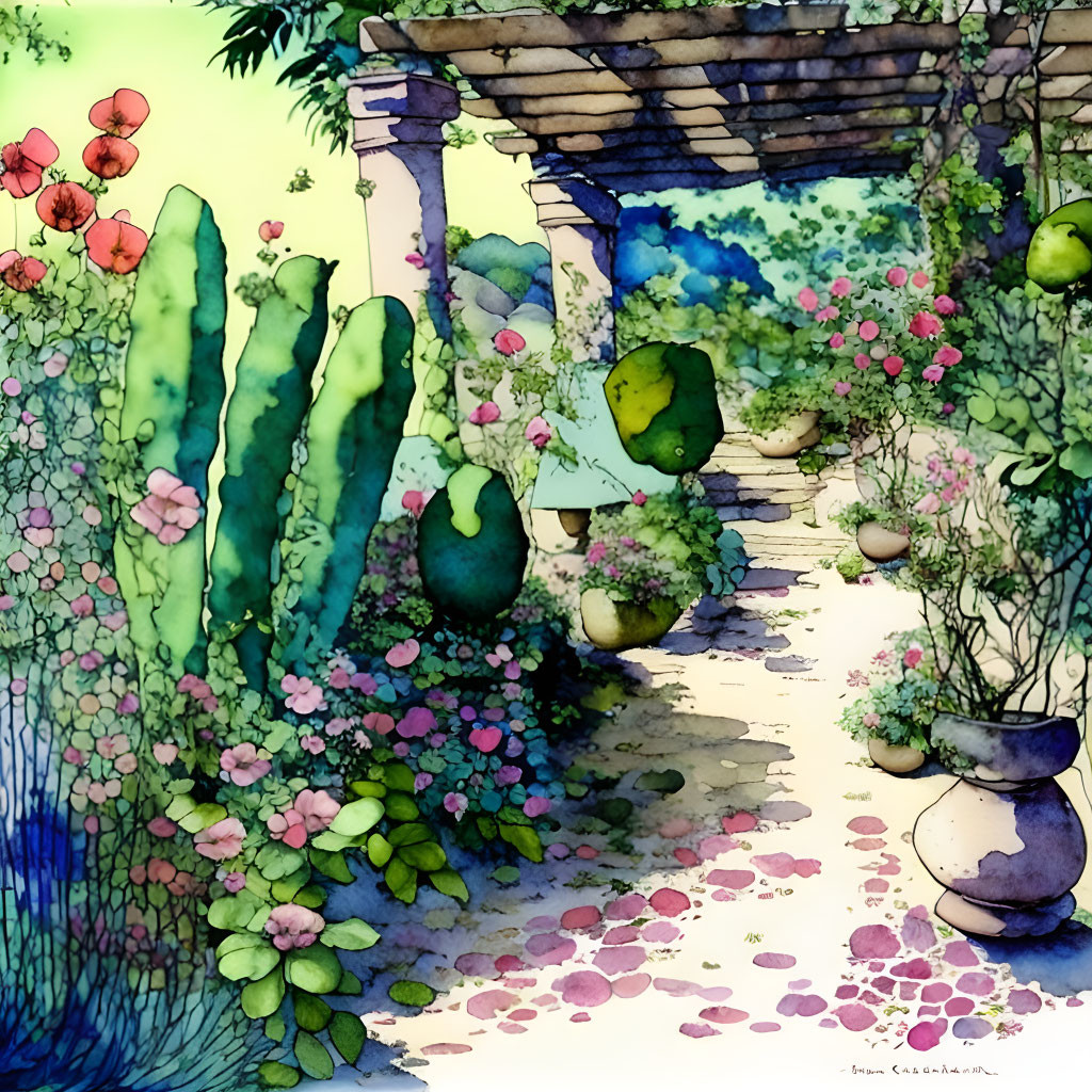 Vibrant garden path watercolor painting with greenery, flowers, and archway