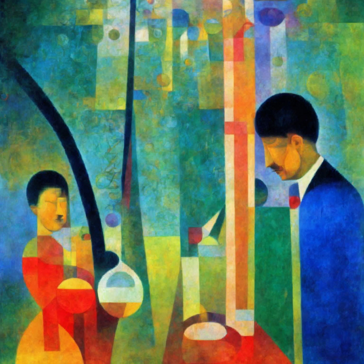 Abstract painting featuring two stylized figures and white ball among colorful shapes.