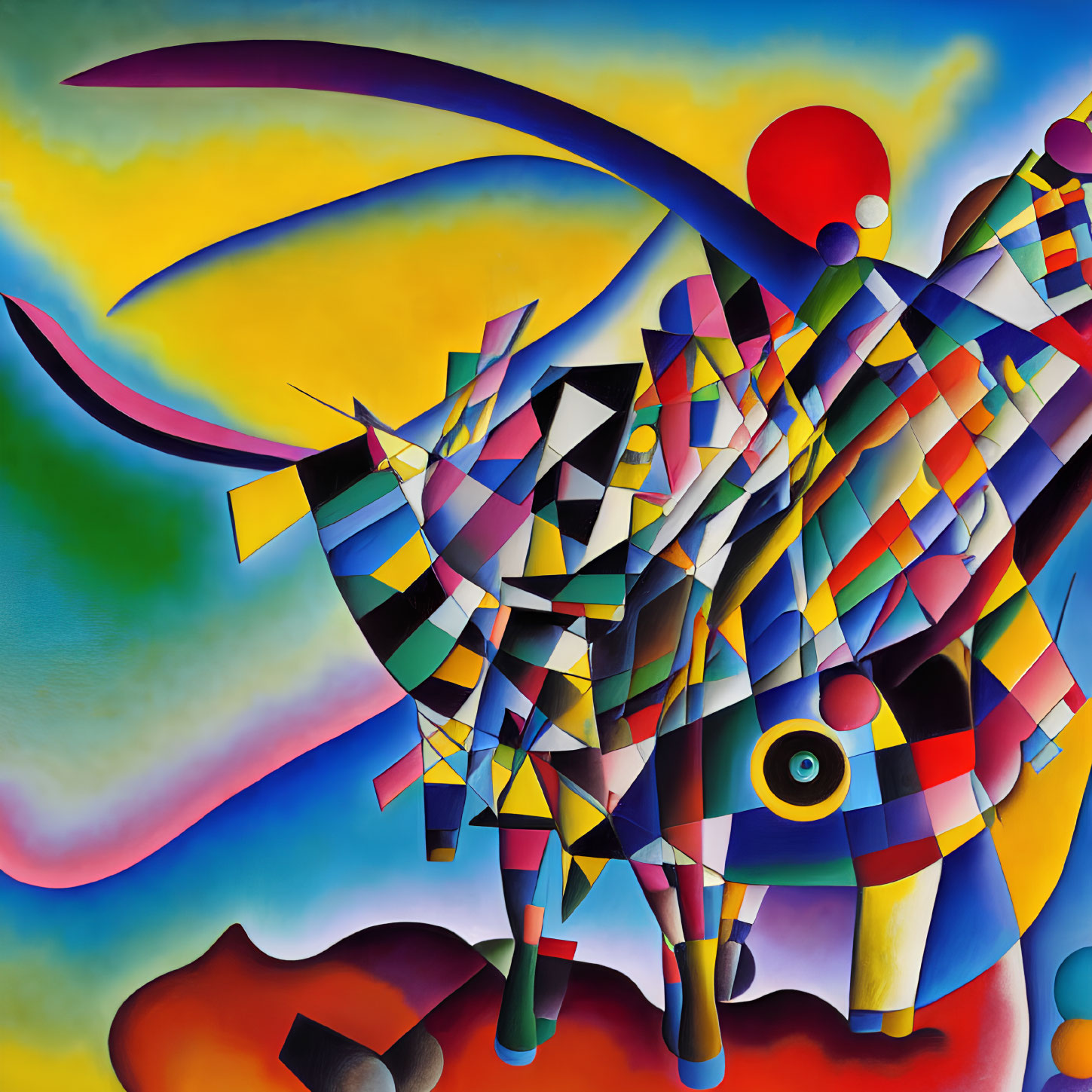 Vibrant geometric shapes in colorful abstract painting of stylized bull