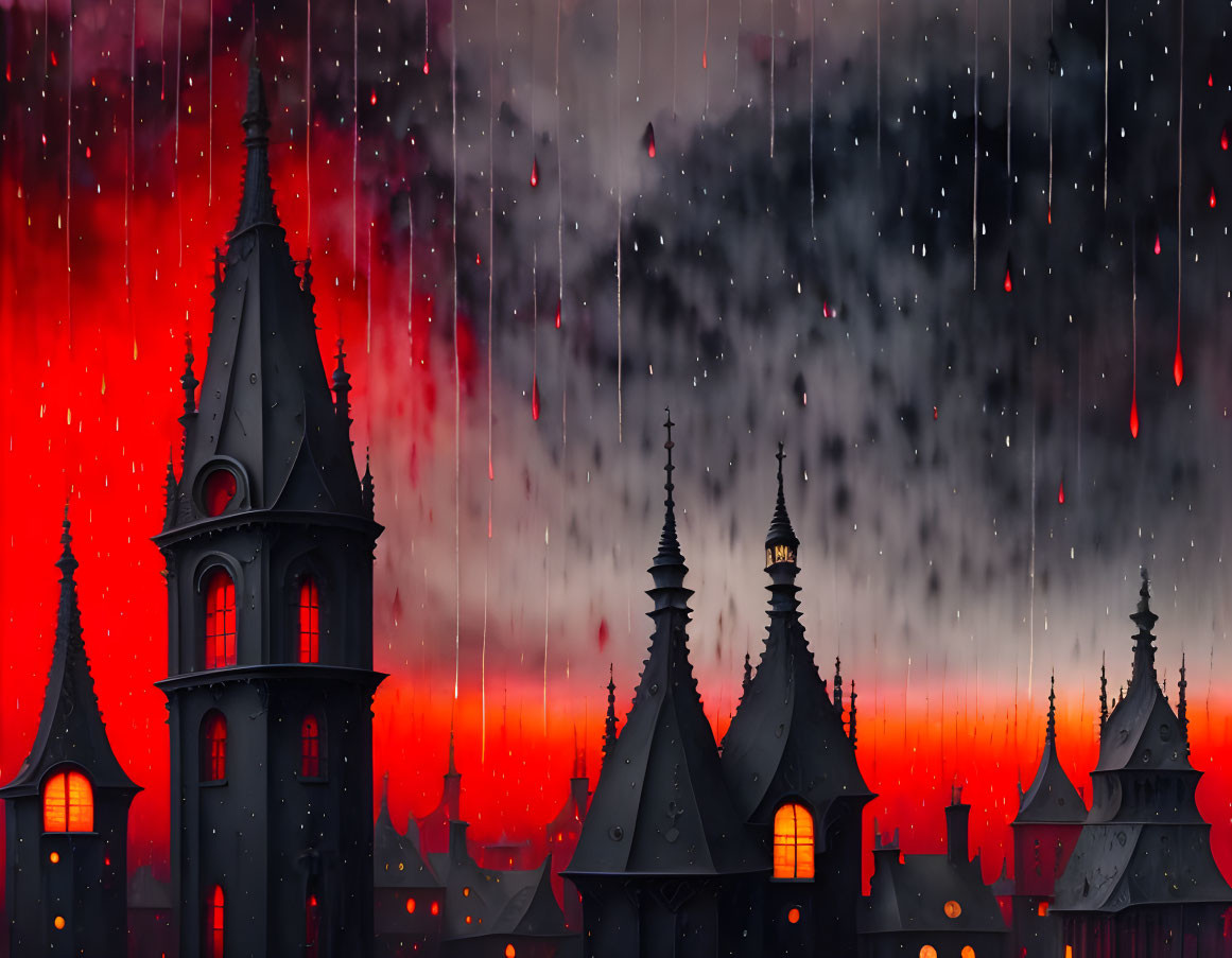 Gothic landscape with silhouetted spire-topped buildings under stormy sky