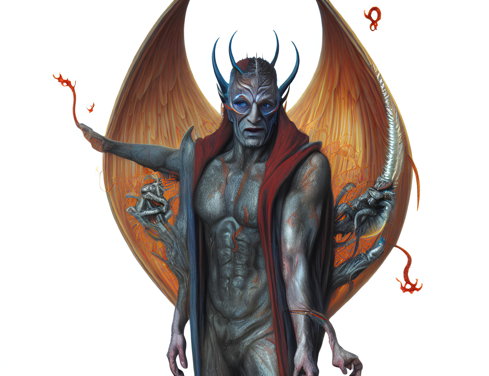 Blue-skinned mythical creature with horns and orange wings holding a flame