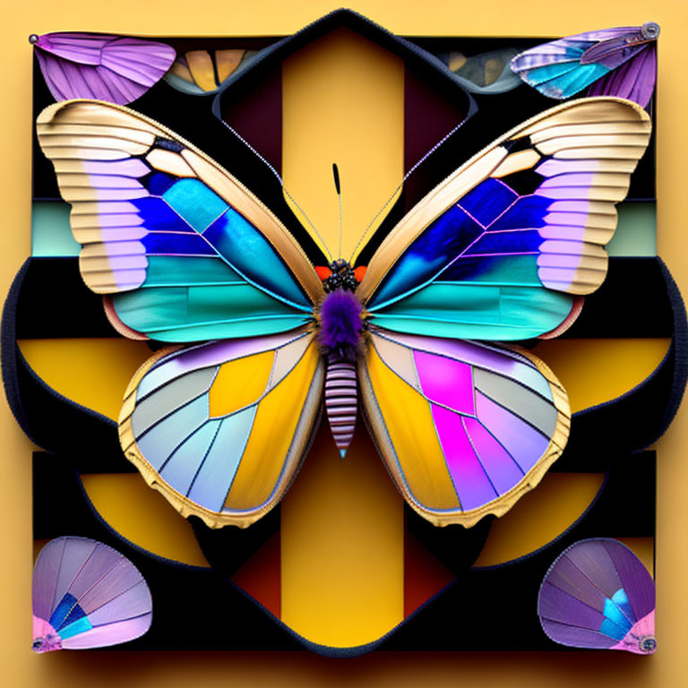 Symmetrical butterfly on abstract yellow and black background