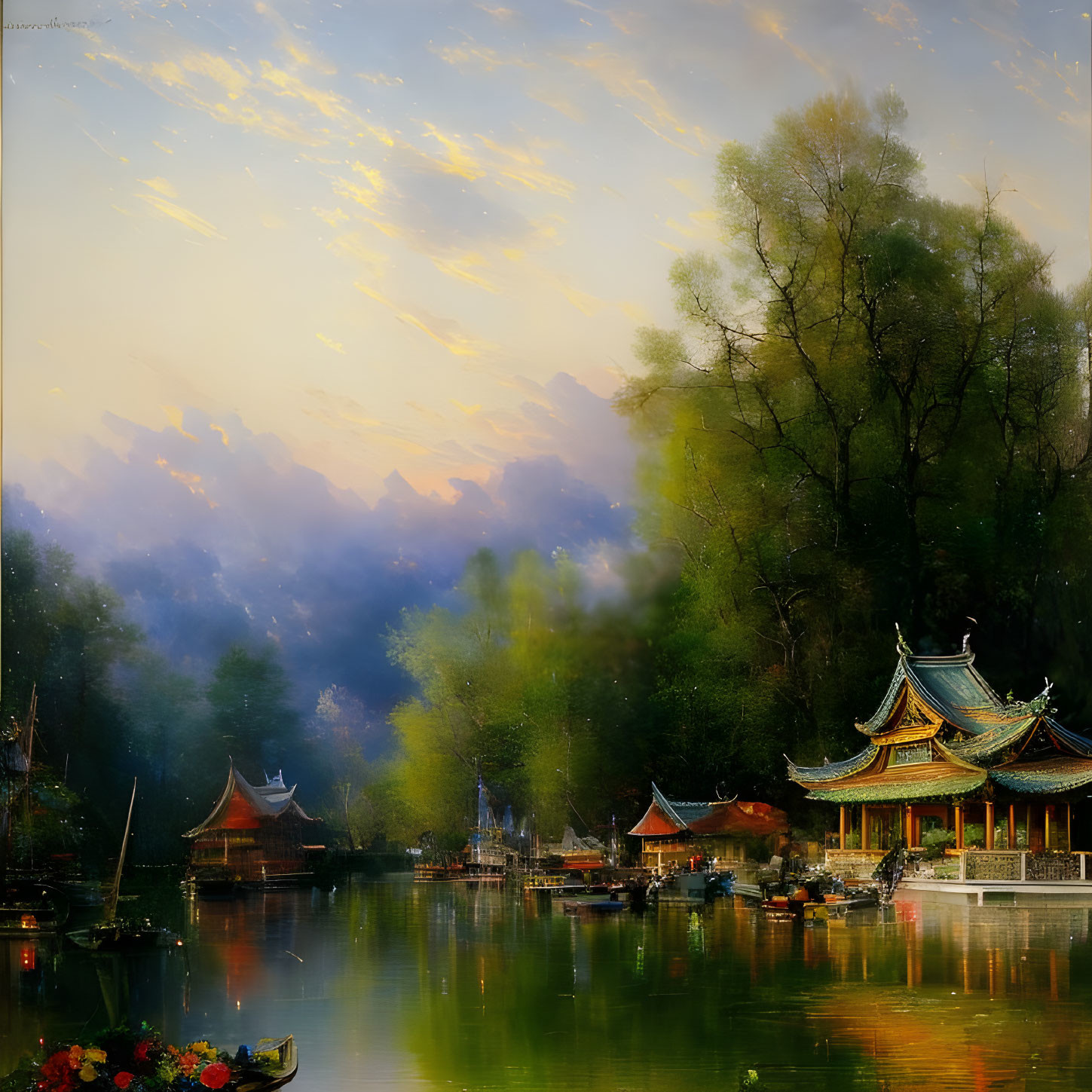 Traditional buildings, boats, and vibrant sky in serene lake scene