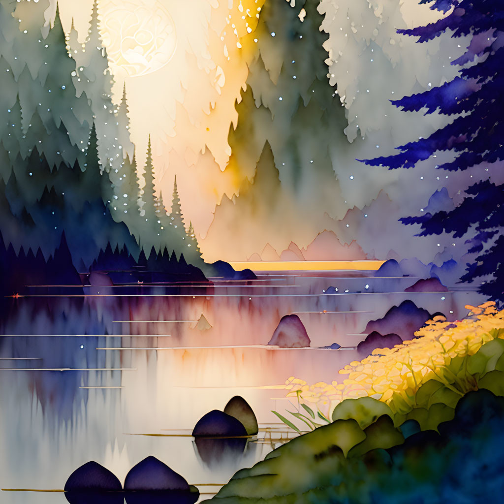 Misty forest and lake watercolor under full moon