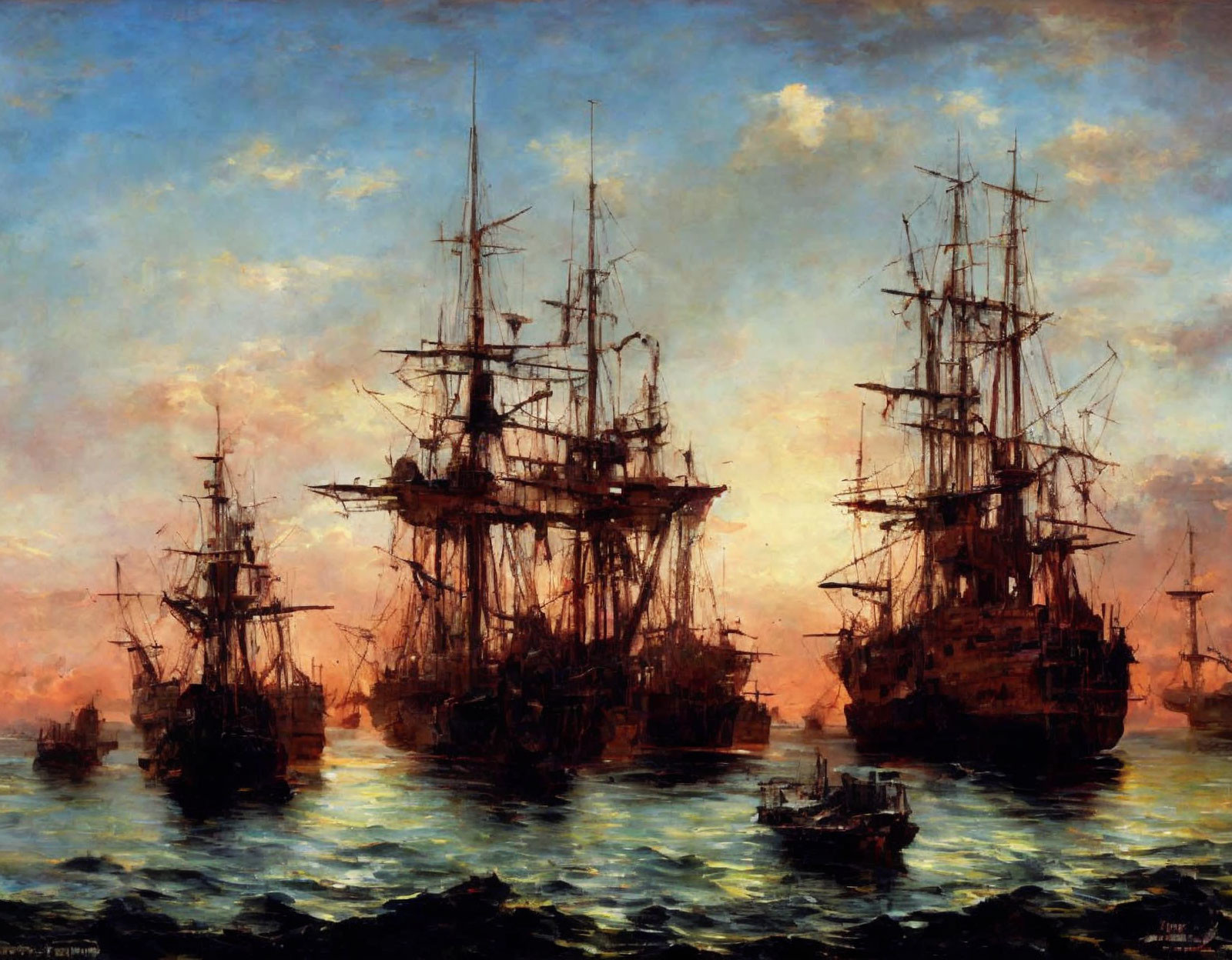 Majestic sailing ships on tranquil sea under warm sunset sky