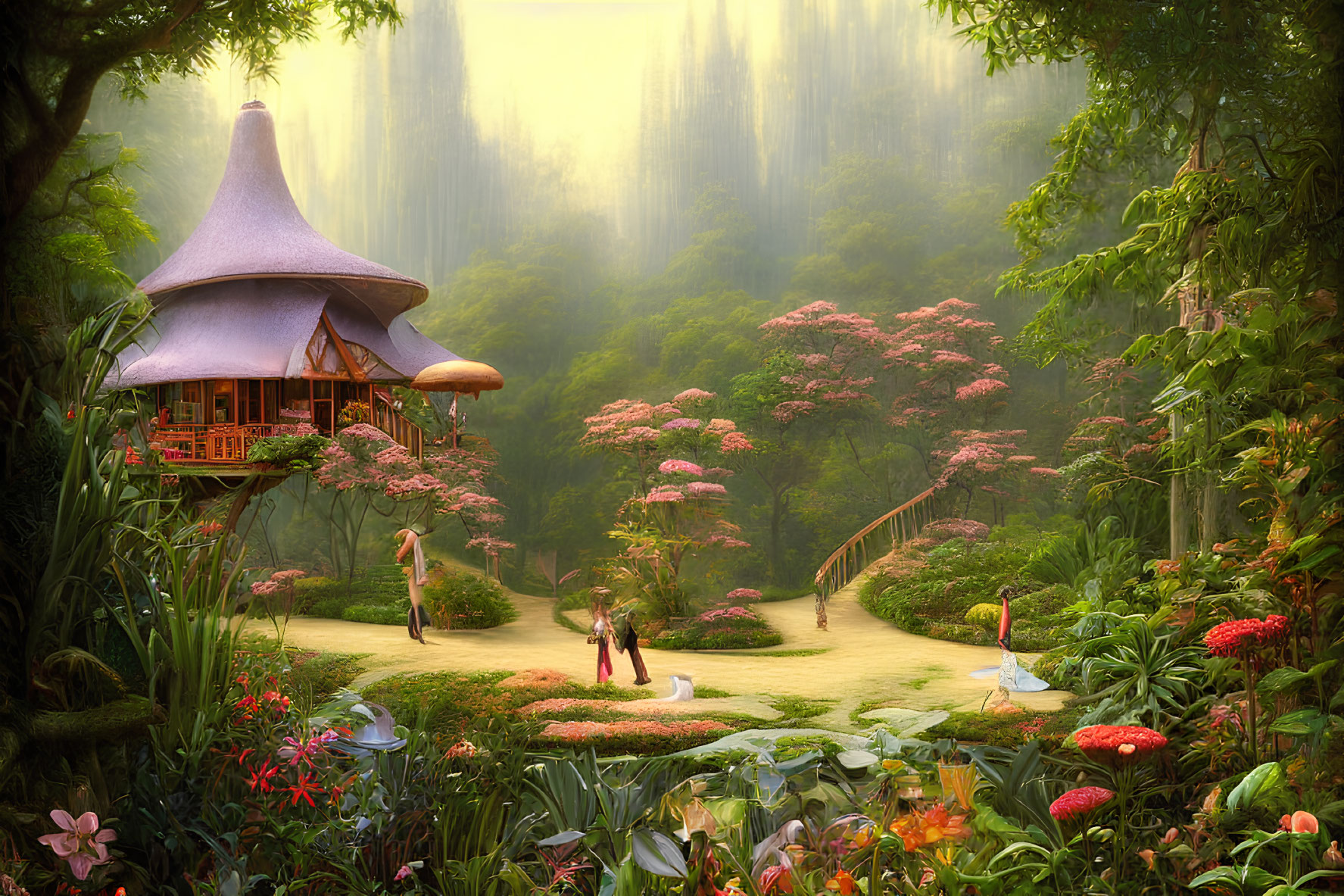 Enchanted forest scene with Asian-style hut, pink trees, winding path, and colorful mushrooms