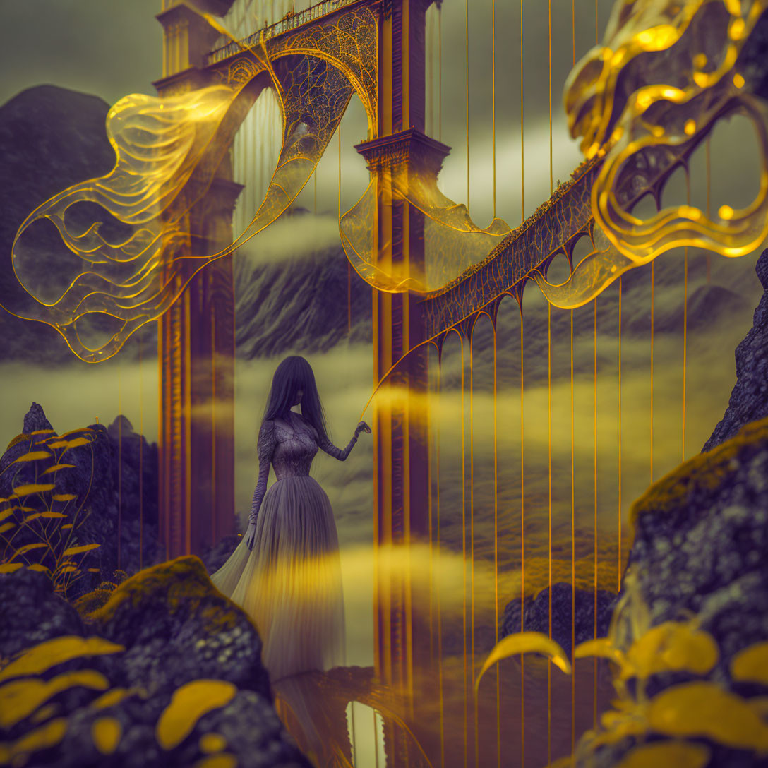 Woman in flowing dress with golden harp bridge under moody sky