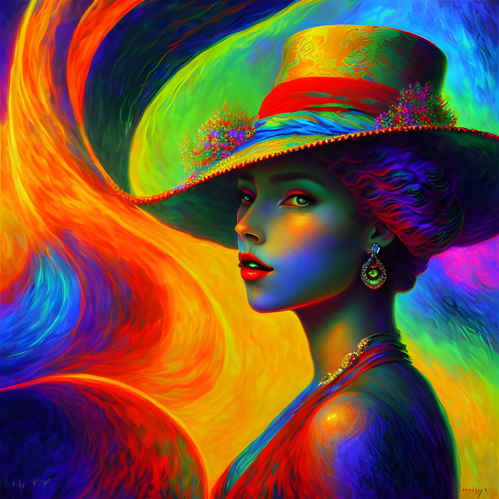 Colorful portrait of a woman in wide-brimmed hat with swirling orange, blue, and red