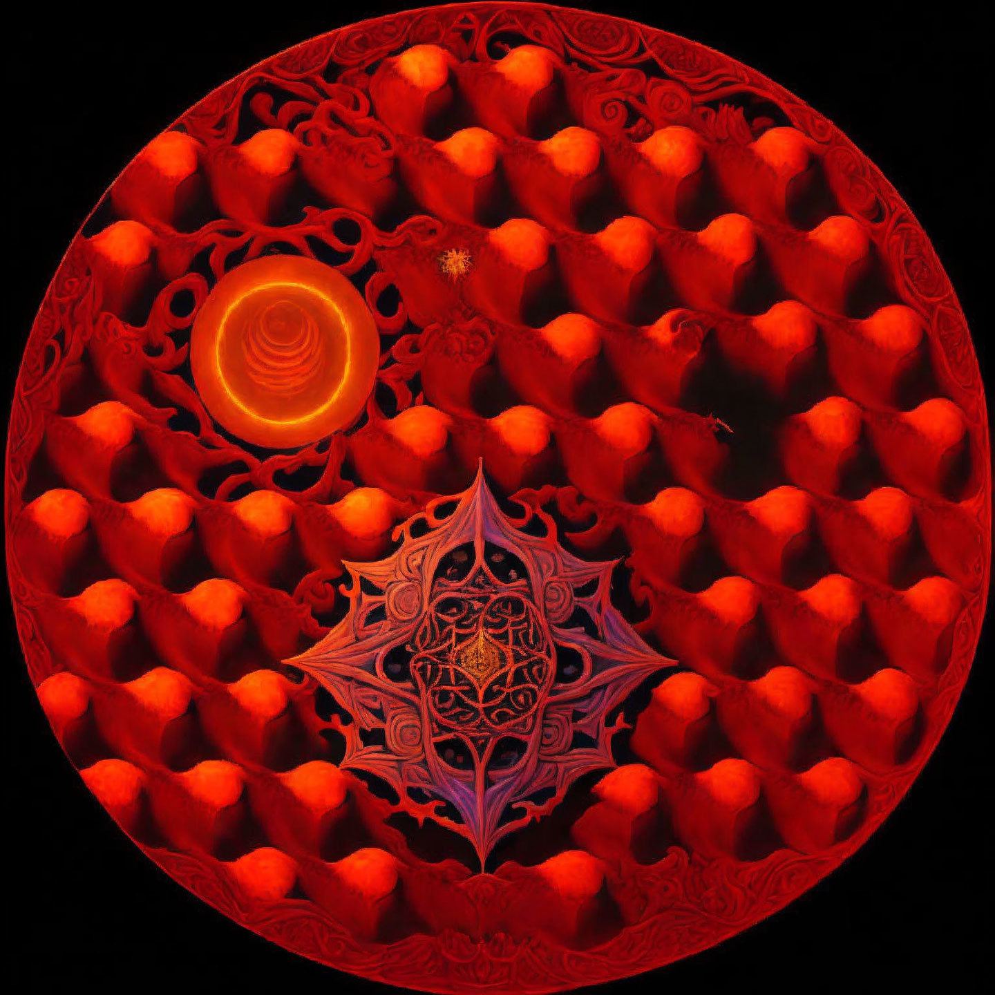 Intricate Red and Orange Mandala Pattern with Sun Emblem