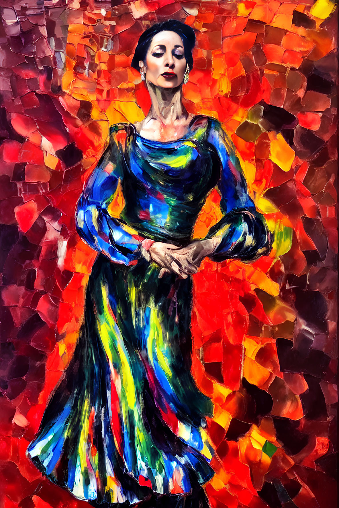 Colorful painting of woman in flowy dress against warm red and orange hues