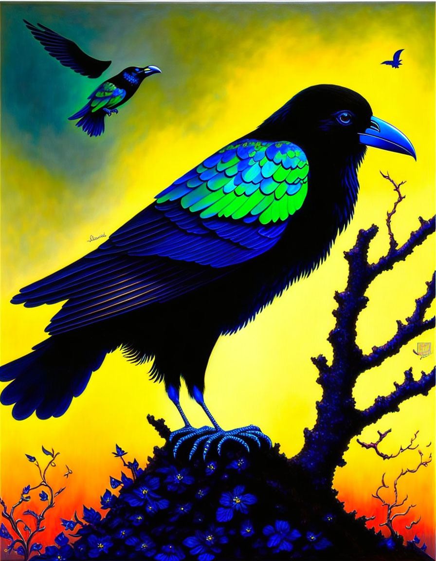 Large black raven on barren tree branch against yellow-blue sky