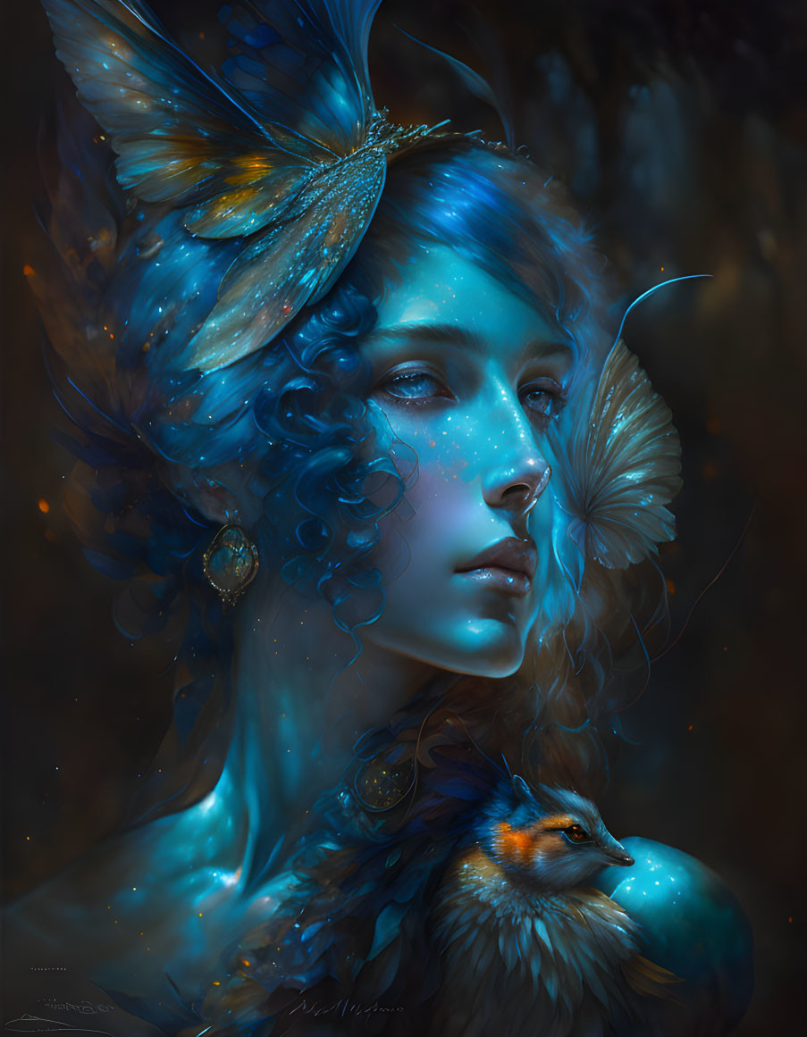 Fantasy digital art: Blue-skinned female with butterfly adornments and bird.