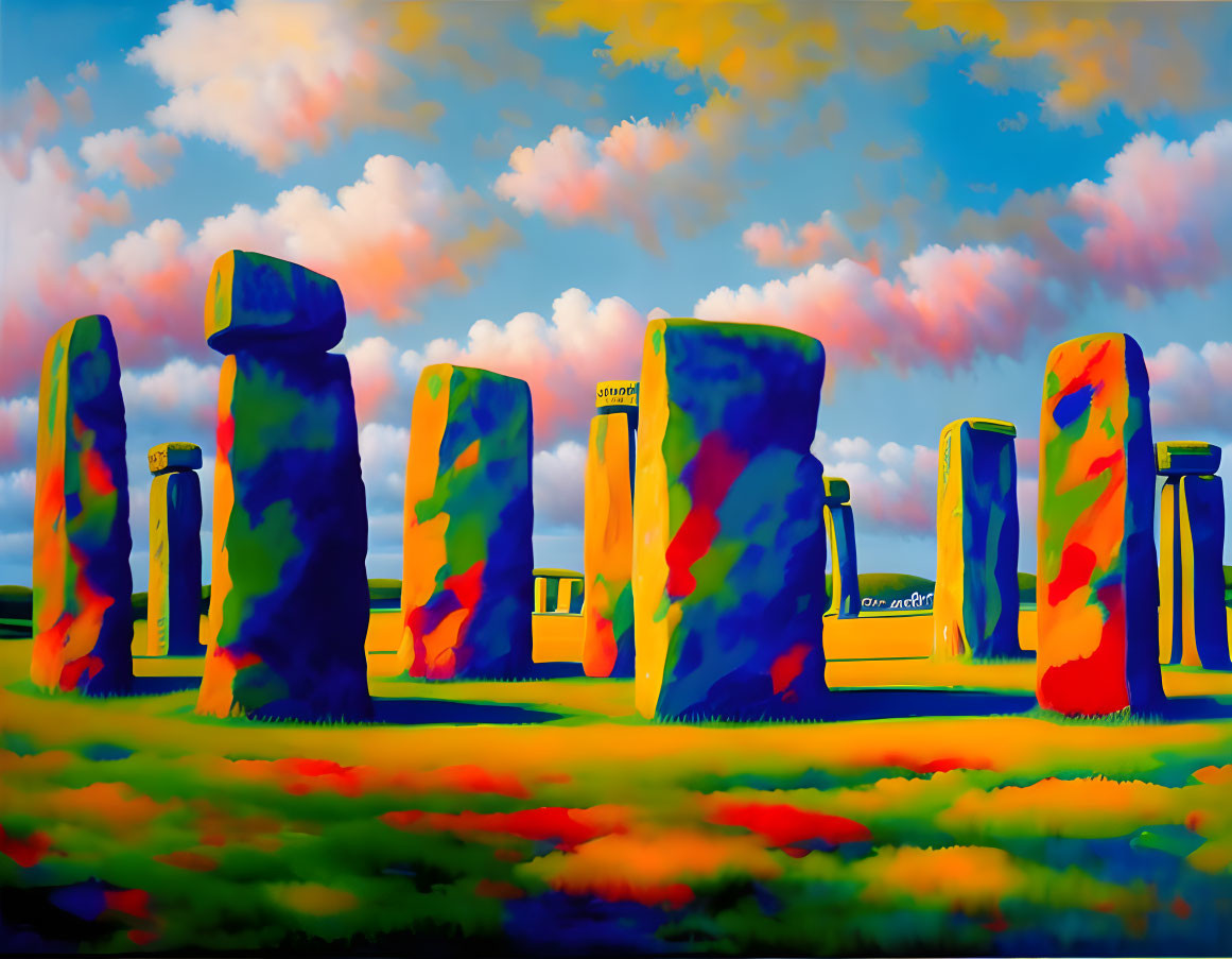 Colorful Stonehenge Painting with Surreal, Dream-like Quality