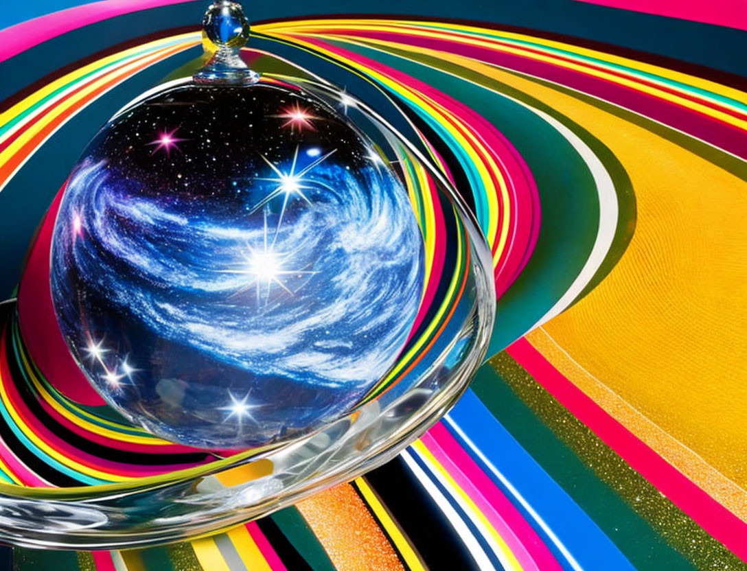 Colorful digital art: Galaxy in glass dome on striped background