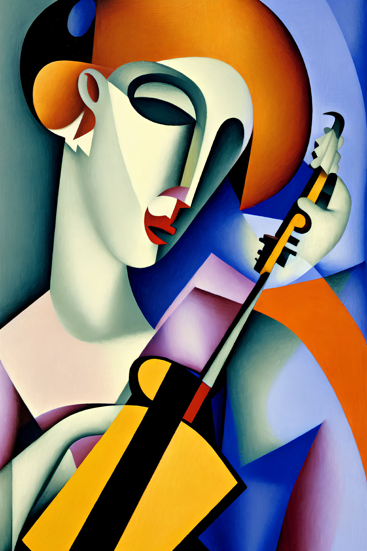 Geometric Cubist painting of figure with violin in bold colors