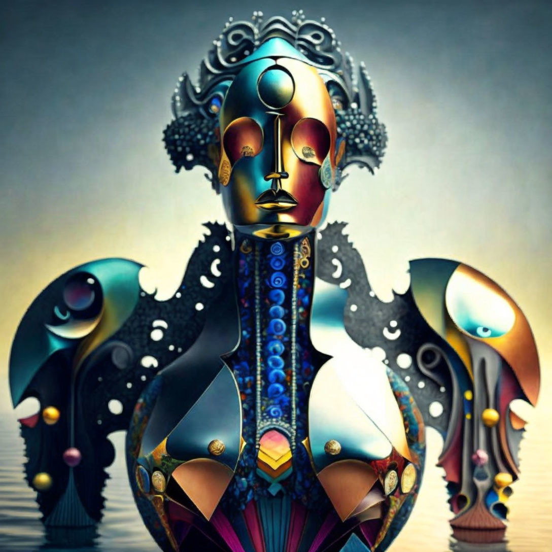 Multicolored humanoid figure with multiple faces and symmetrical patterns