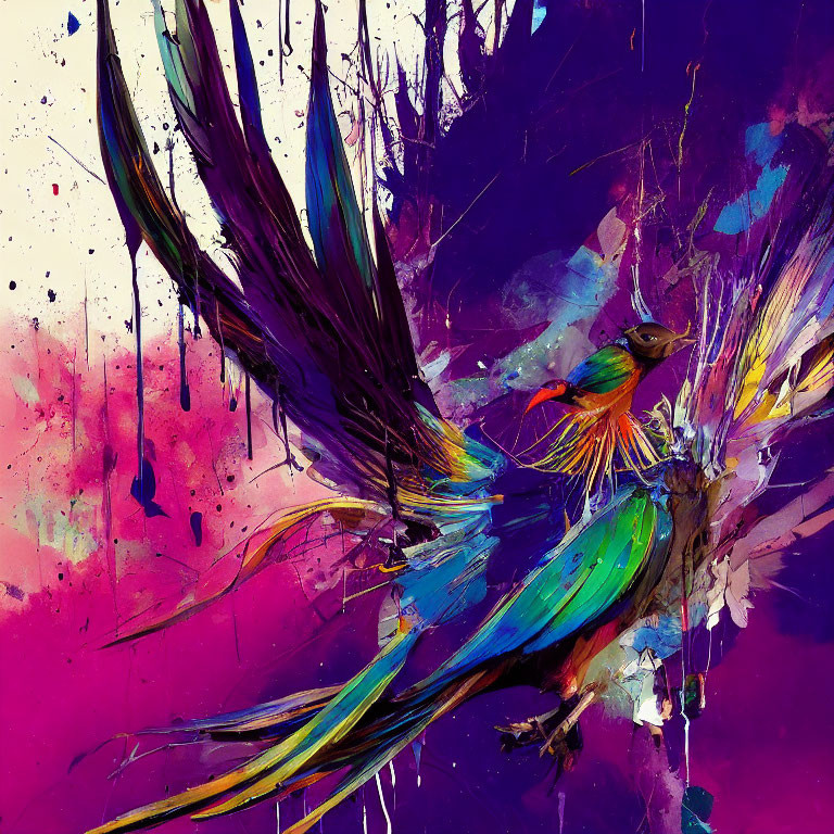 Colorful Abstract Artwork with Birds in Motion in Purple, Pink, and Blue