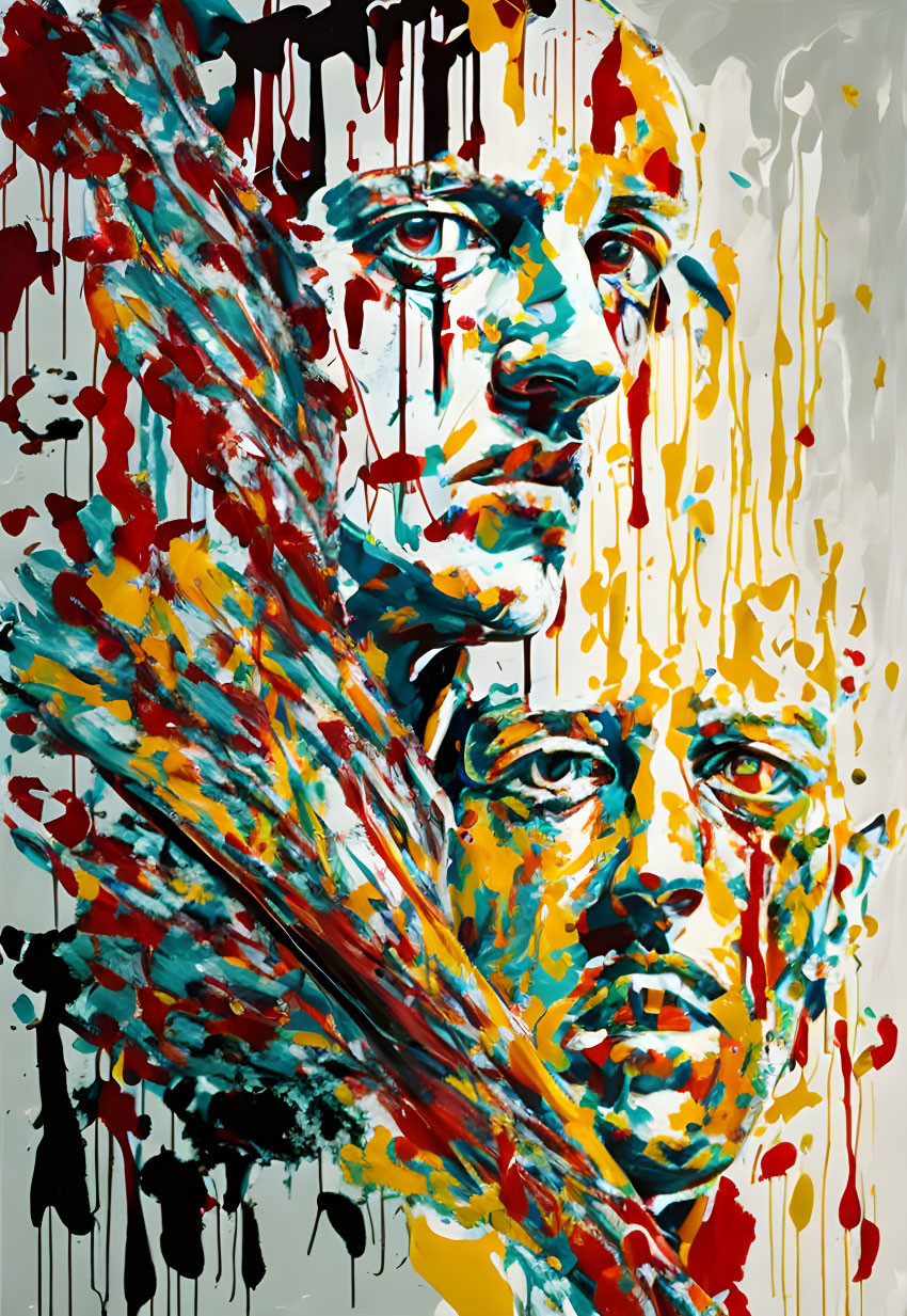 Vivid abstract painting: Two overlapping faces with yellow, red, blue, and black splashes