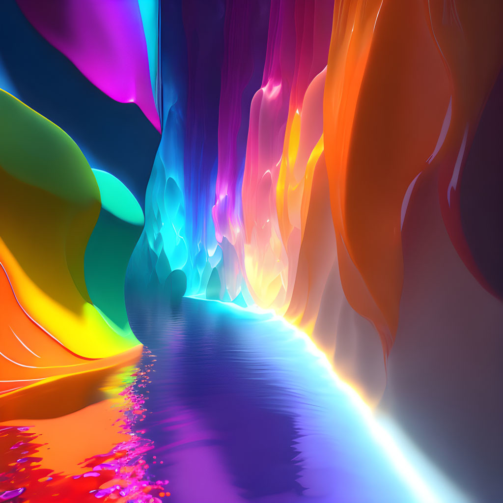 Colorful digital art cave with flowing rainbow walls above serene water.