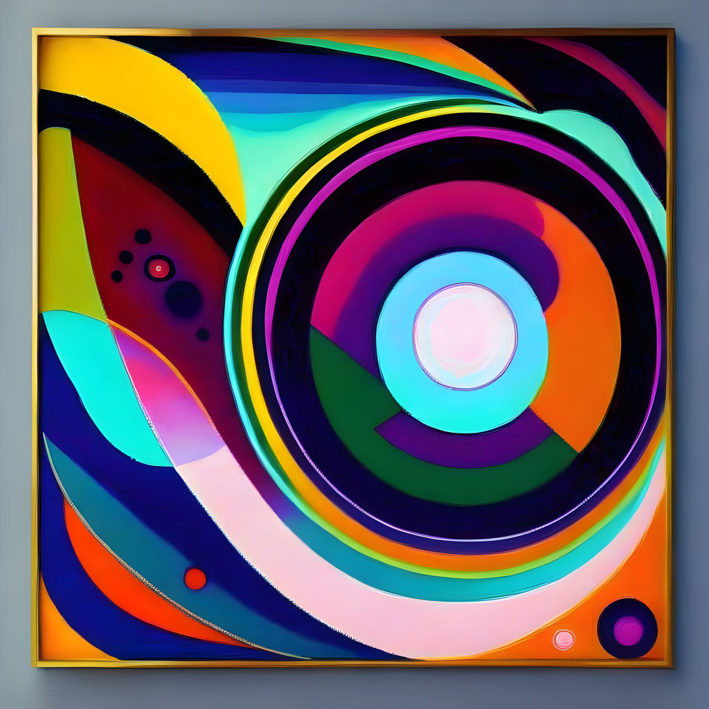 Colorful Abstract Painting with Swirling Patterns and Concentric Circles