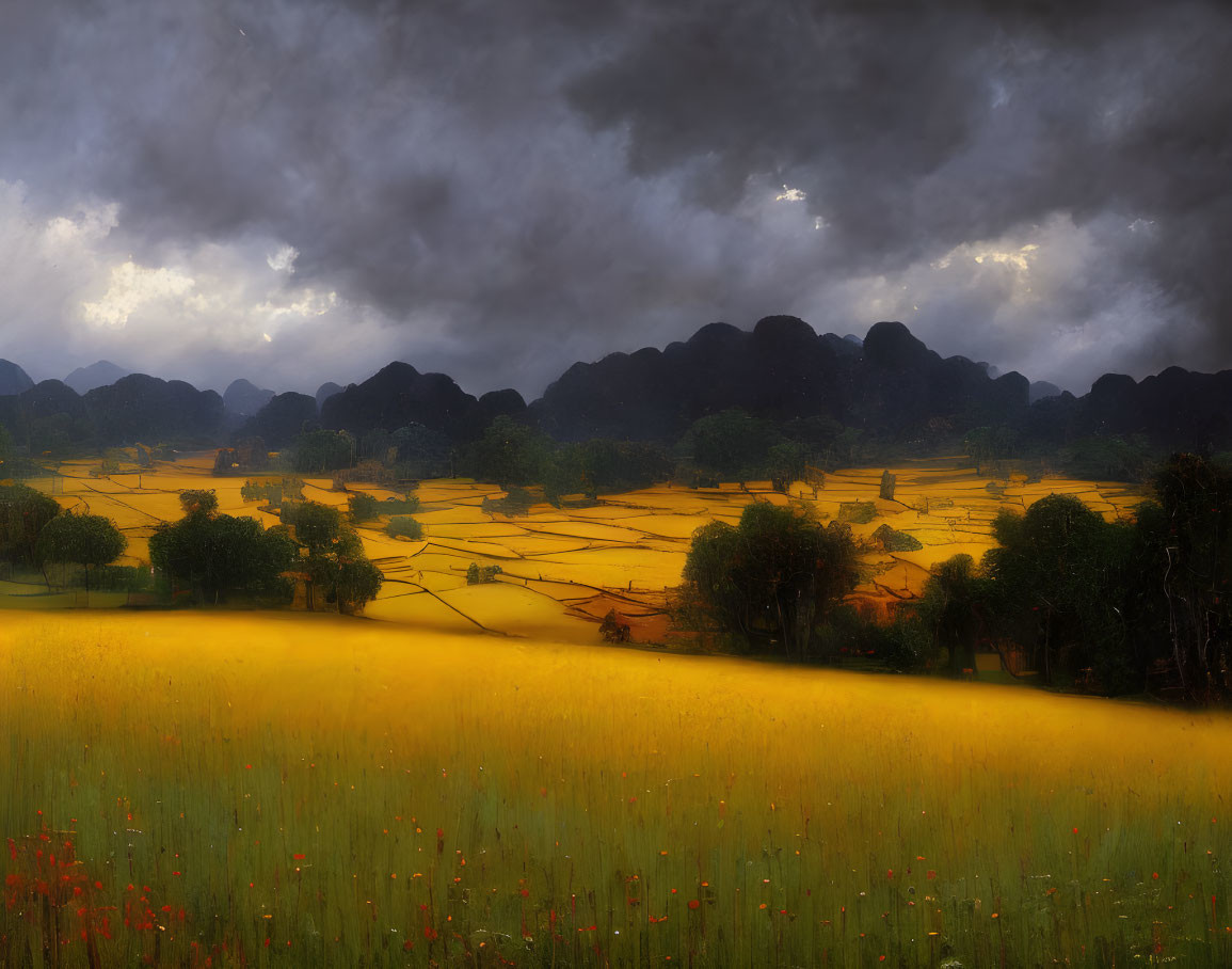 Yellow Fields with Stormy Sky, Silhouetted Hills, and Red Flowers