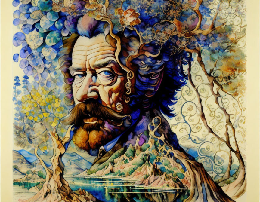 Colorful portrait of a bearded man with nature elements and swirl motifs integrated.