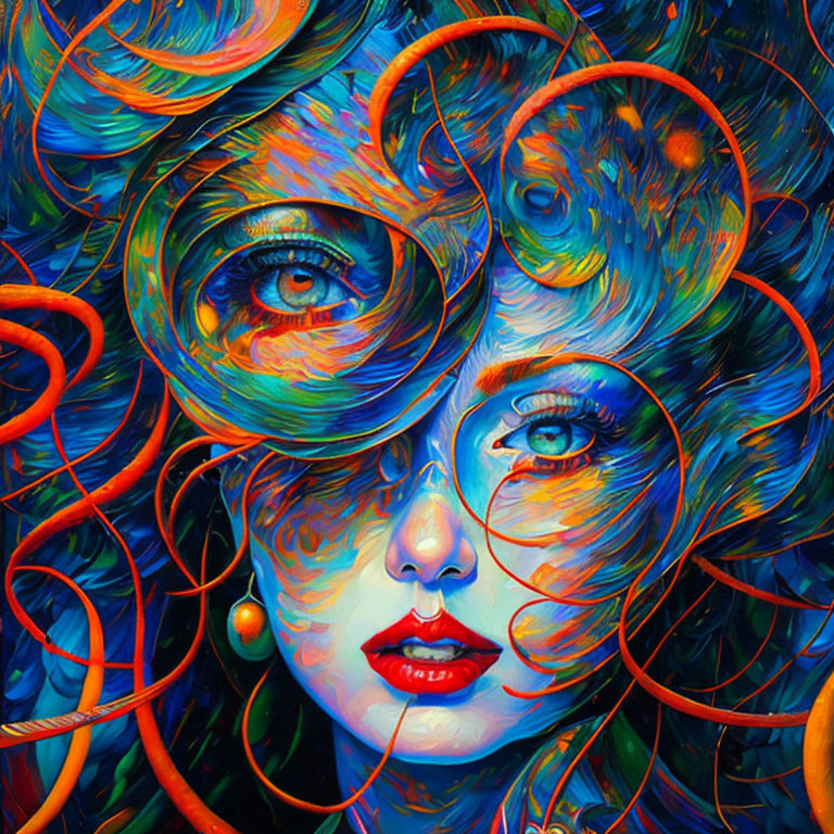 Colorful Painting of Woman's Face with Swirling Patterns and Intense Blue Eyes