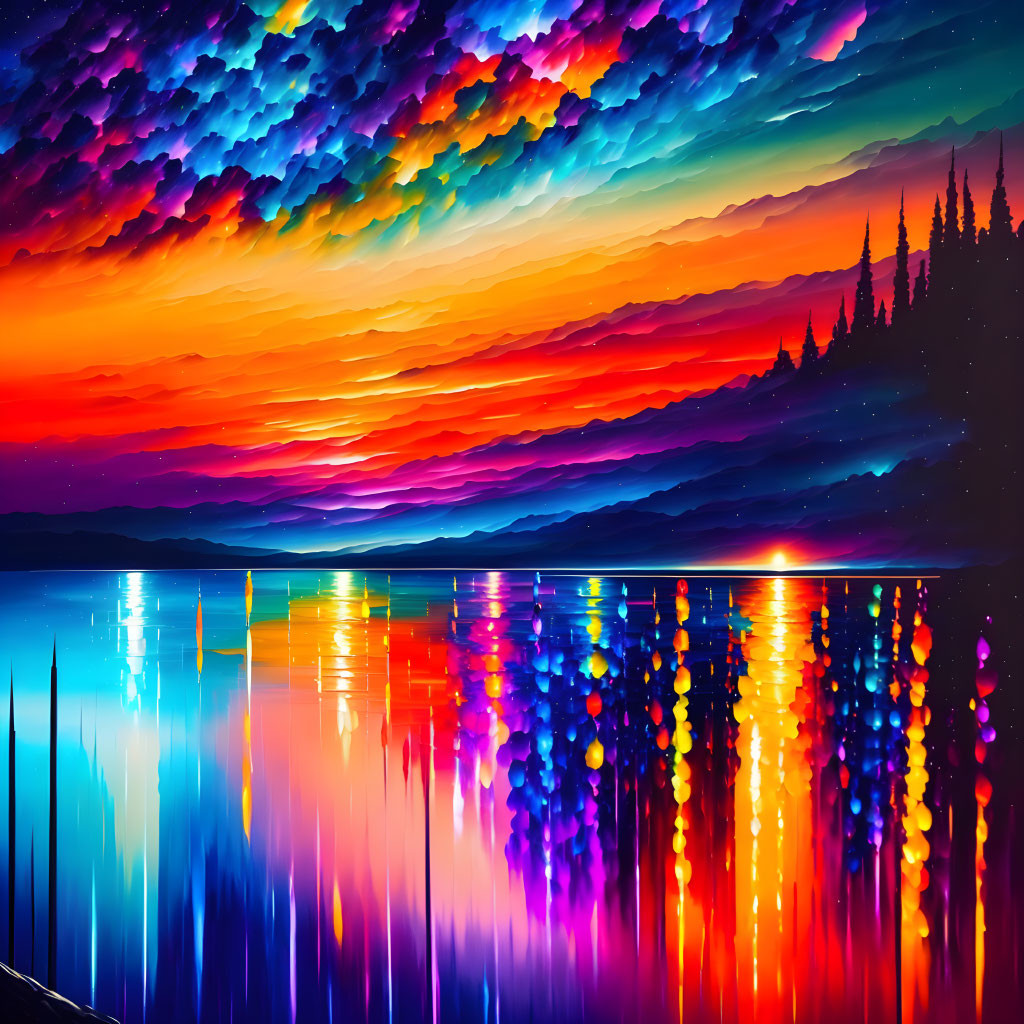 Colorful sunset reflected in a serene lake under a dynamic sky