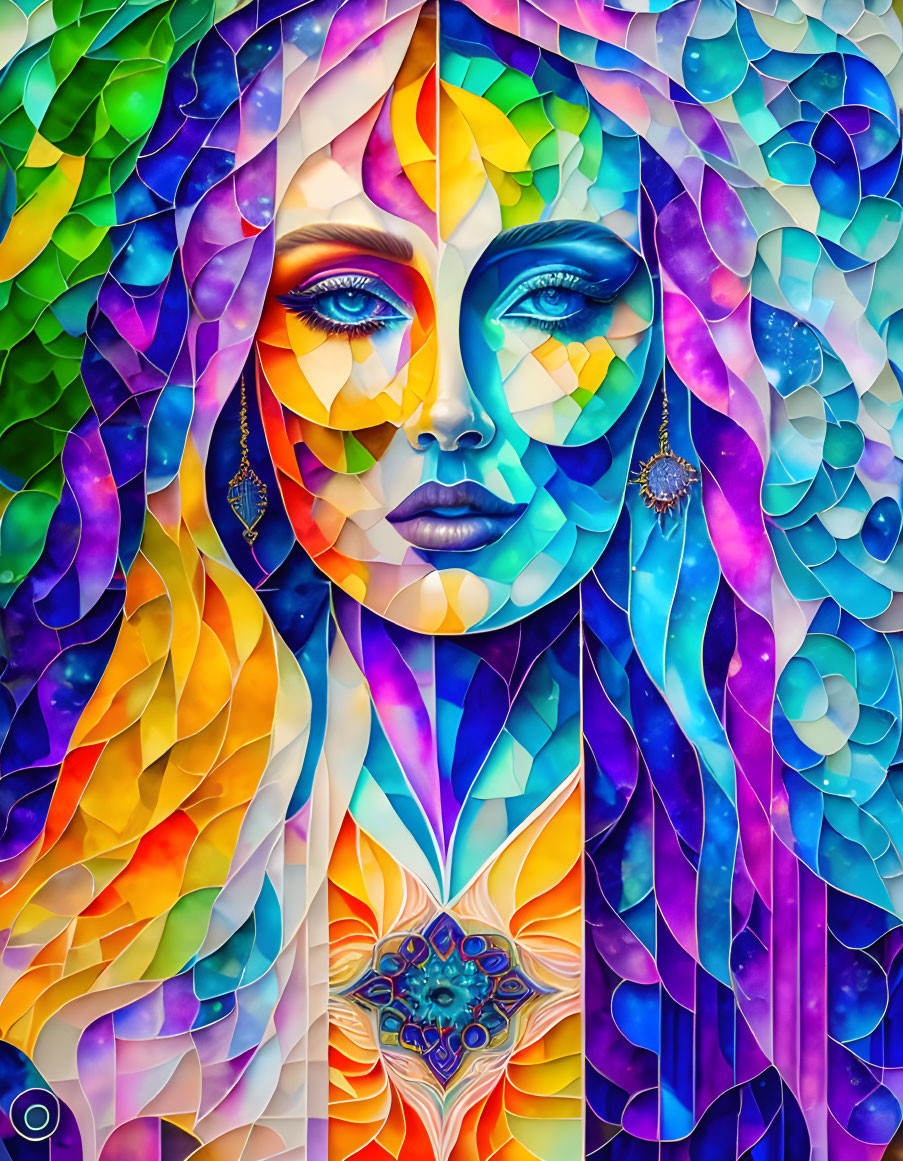 Colorful mosaic artwork portraying woman's face with intricate patterns