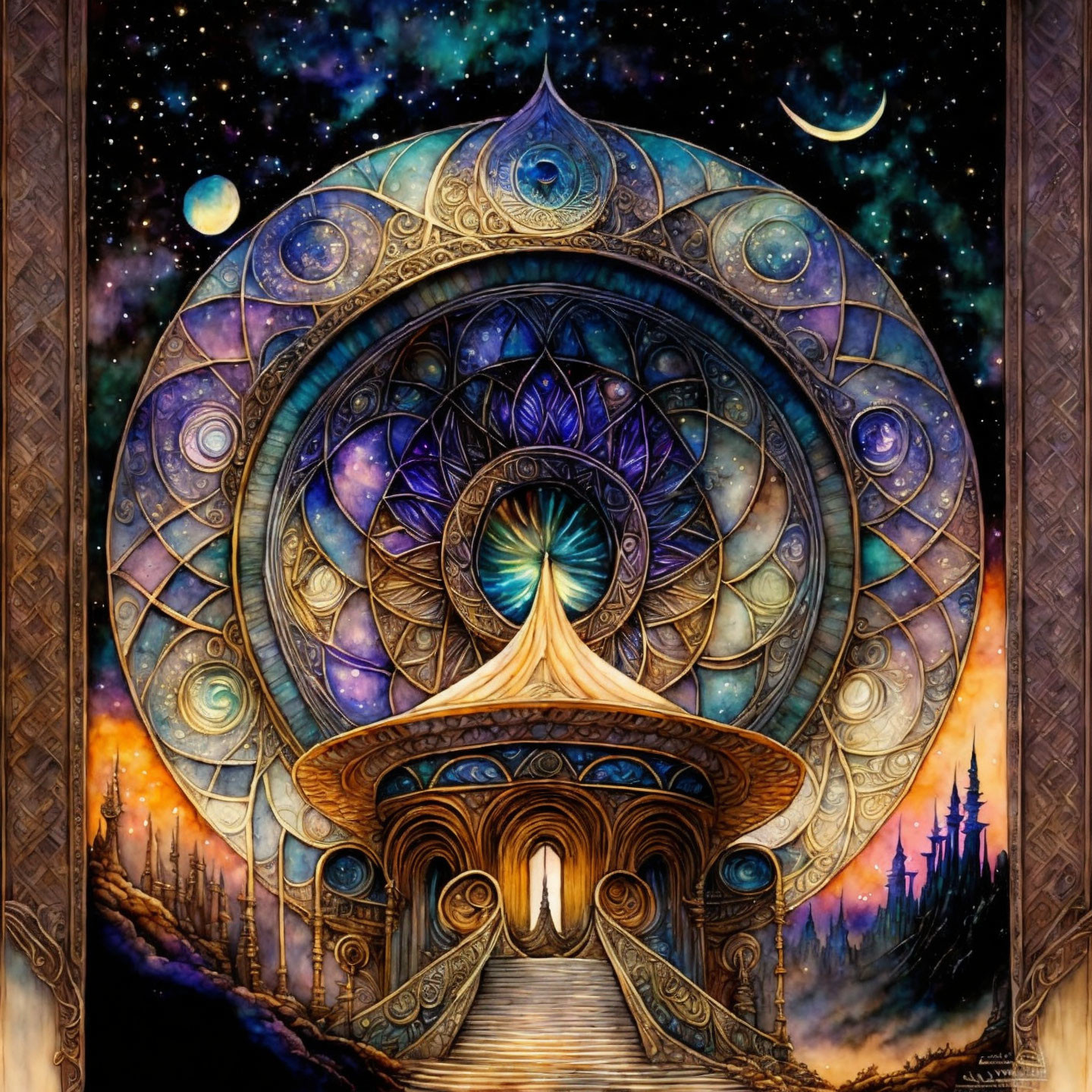 Mystical artwork of circular portal against cosmic backdrop