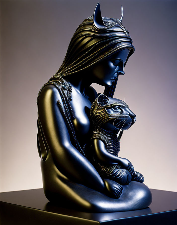 Dark glossy sculpture of female figure with horns holding smaller creature on gradient background