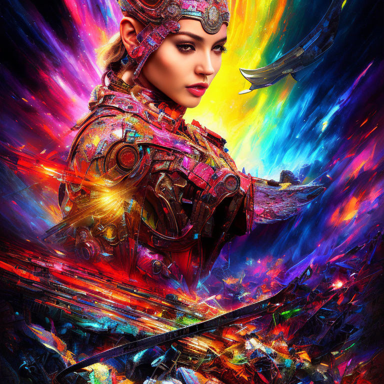 Colorful cosmic backdrop with woman in ornate armor.