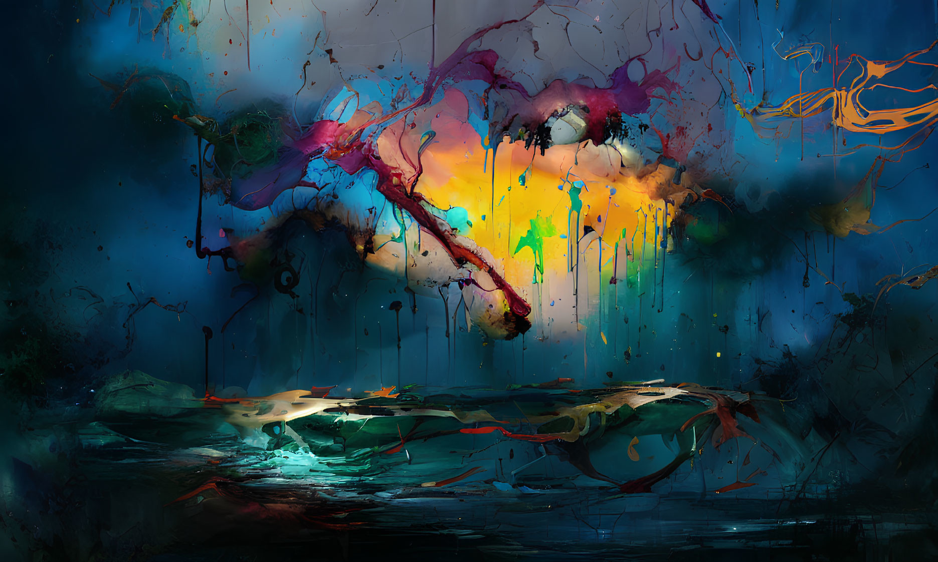 Colorful abstract art with dripping paint on a dark background